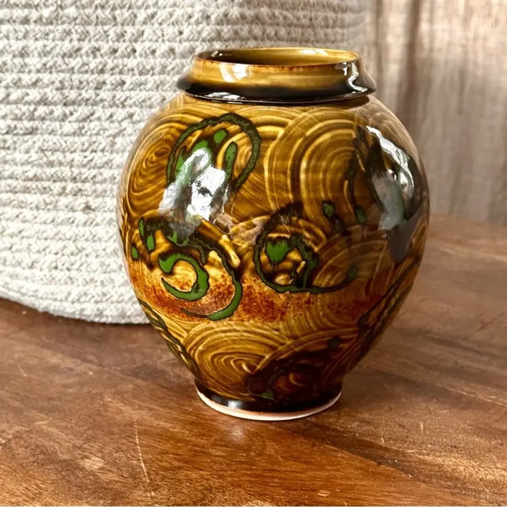 Vintage Studio Art Pottery Vase Stoneware Glossy Swirl Glaze Boho Earthy MCM 7”